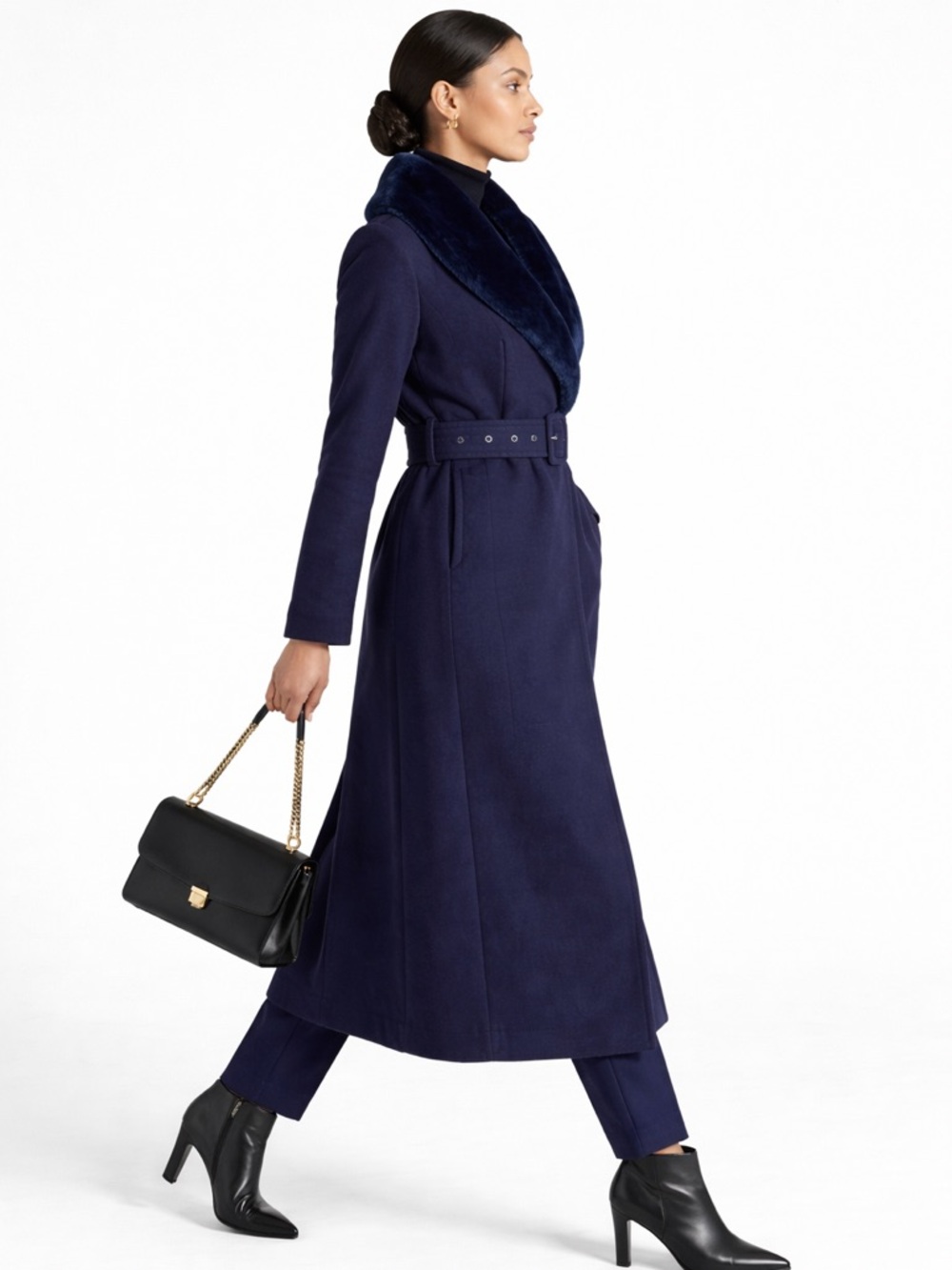 Naked Wardrobe The Statement Blue Faux Fur Collar Belted Longline Coat MED NEW
